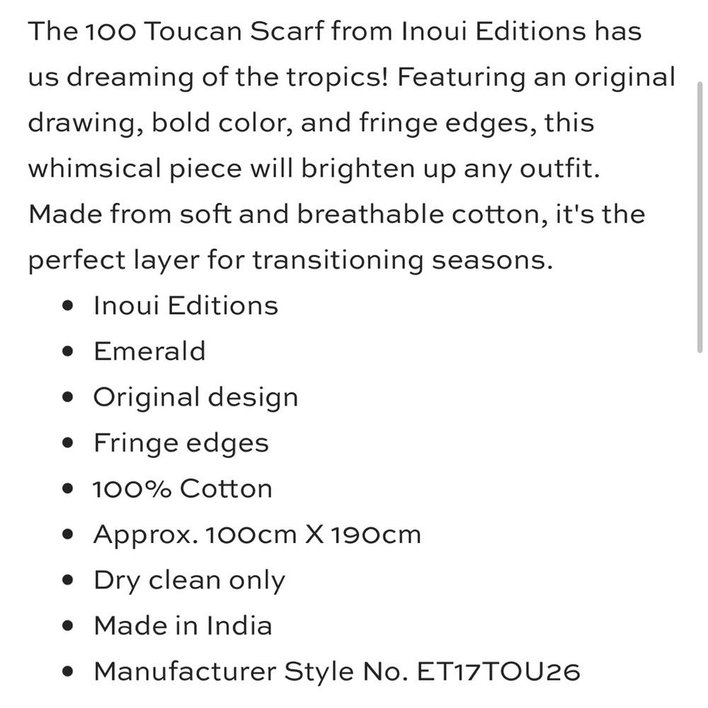 NWT Inoui Editions Cotton Toucan Scarf/Pareo in Emerald - Picture 7 of 7